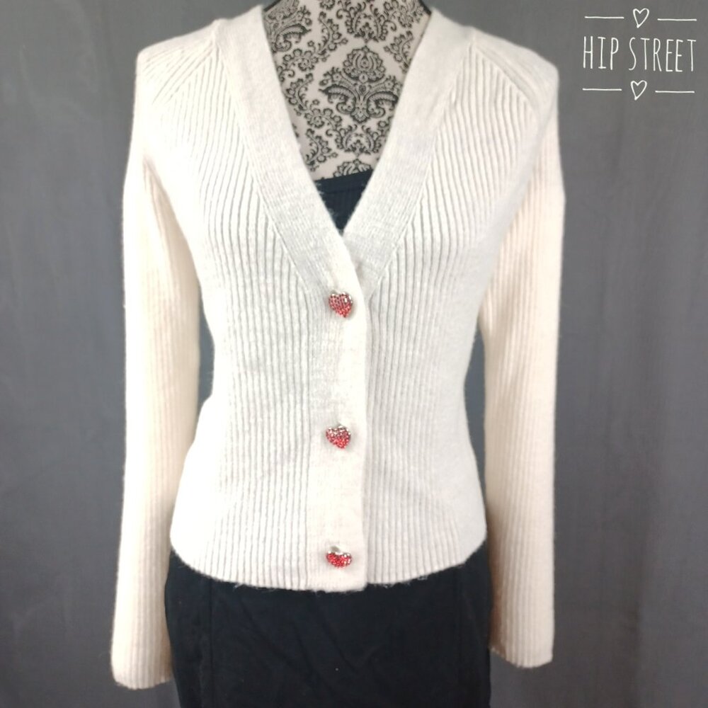 WITTY FOX Jeweled Heart Button V Neck Cardigan Sweater M